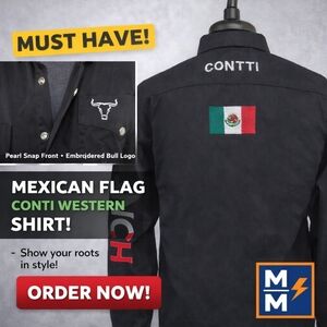 Contti Western Black Pearl Snap Shirt Mexican Flag Bull Logo NWOT Size L